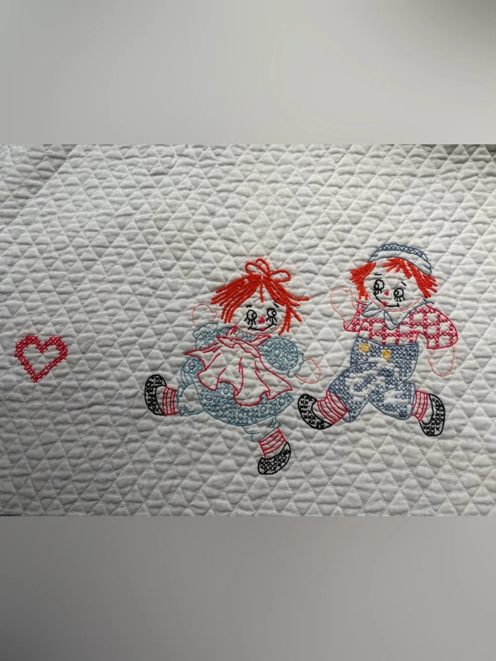 Handmade Raggedy Ann Quilted Baby Blanket - White with Red Accents